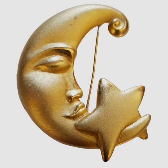 Vintage 1970s Matte Gold Tone Moon and Star Brooch - Picture 6 of 12